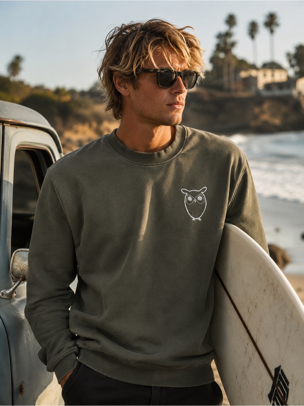 Men's Olive Green Crewneck Sweatshirt with Small Owl Graphic